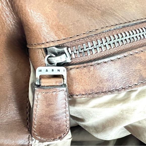 MARNI Balloon Dark Mustard Patented Leather w Brown Leather Top Handle Satchel - Picture 10 of 16